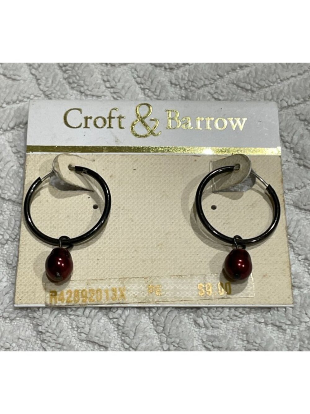 New Croft & Barrow Burgundy Pearl Dangle 1" Hoop Earrings Hematite Tone